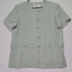 R&K Originals Light Green Short Sleeve Button Up Top with Decorative Buttons L